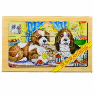 Puzzle lemn "Catelusi" - 4 planse * 12 piese, cutie cu inchidere magnet