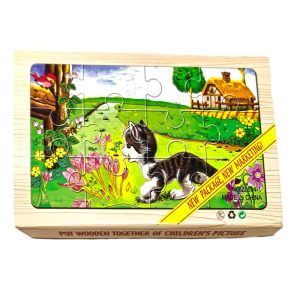 Puzzle lemn "Pisicuta" - 4 planse * 12 piese, cutie cu inchidere magnet