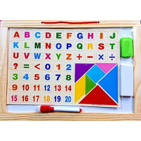 Tabla lemn cu fata dubla, litere, cifre, tangram si accesorii de scris 38 * 28 cm 7 Tabla lemn cu fata dubla, litere, cifre, tangram si accesorii de scris 38 * 28 cm