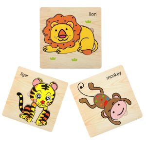 Set 3 puzzle lemn cu animale - tigru - lemn - maimuta 15x15 cm