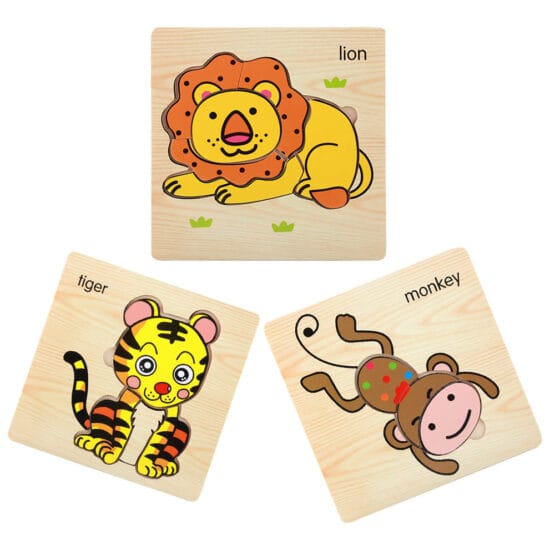 Set 3 puzzle lemn cu animale – tigru – lemn – maimuta 15×15 cm
