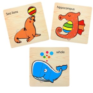 Set 3 puzzle balena, leu de mare si calut de mare 15 x 15 cm