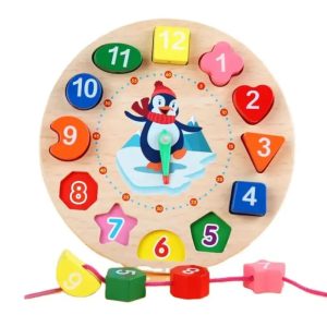 Ceas educativ din lemn pentru copii - Jucarie Montessori cu forme, culori si numere