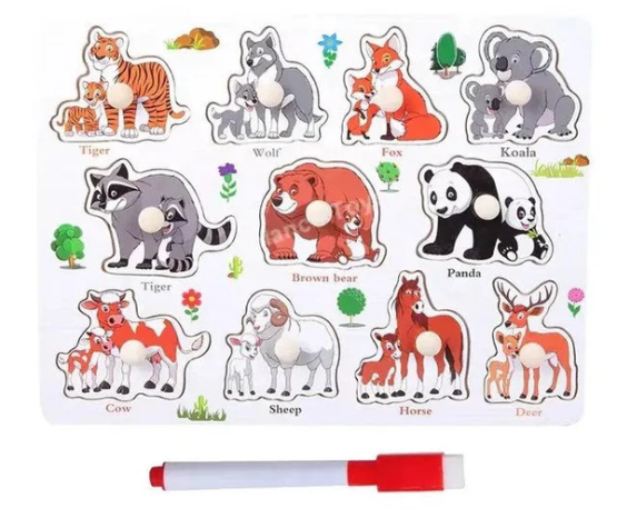 Puzzle din lemn cu animale si tablă de scris – jucărie educativă 2 în 1