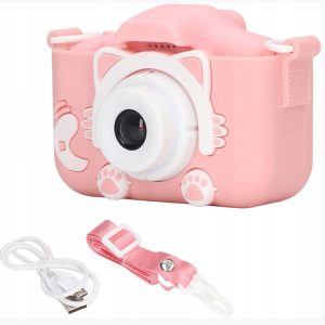 Aparat Foto Digital pentru Copii, Model Pisică, Foto/Video HD, Ecran 2”, Silicon Antisoc, Roz
